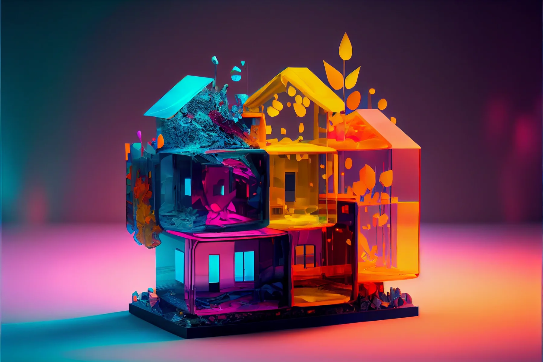 Early GEMS concept artwork showing a colourful glass-like modular house
