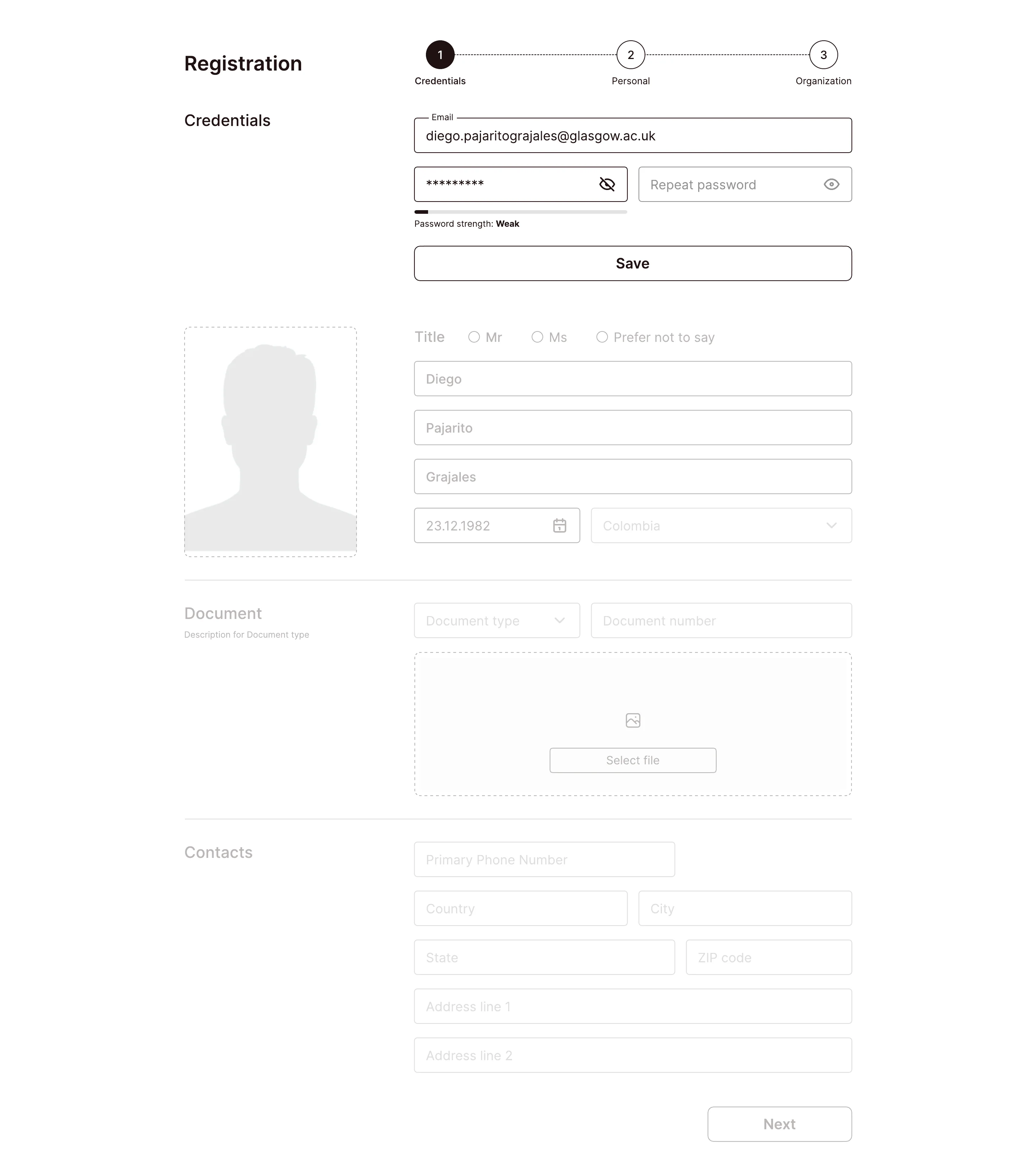 Credentials registration prototype screen