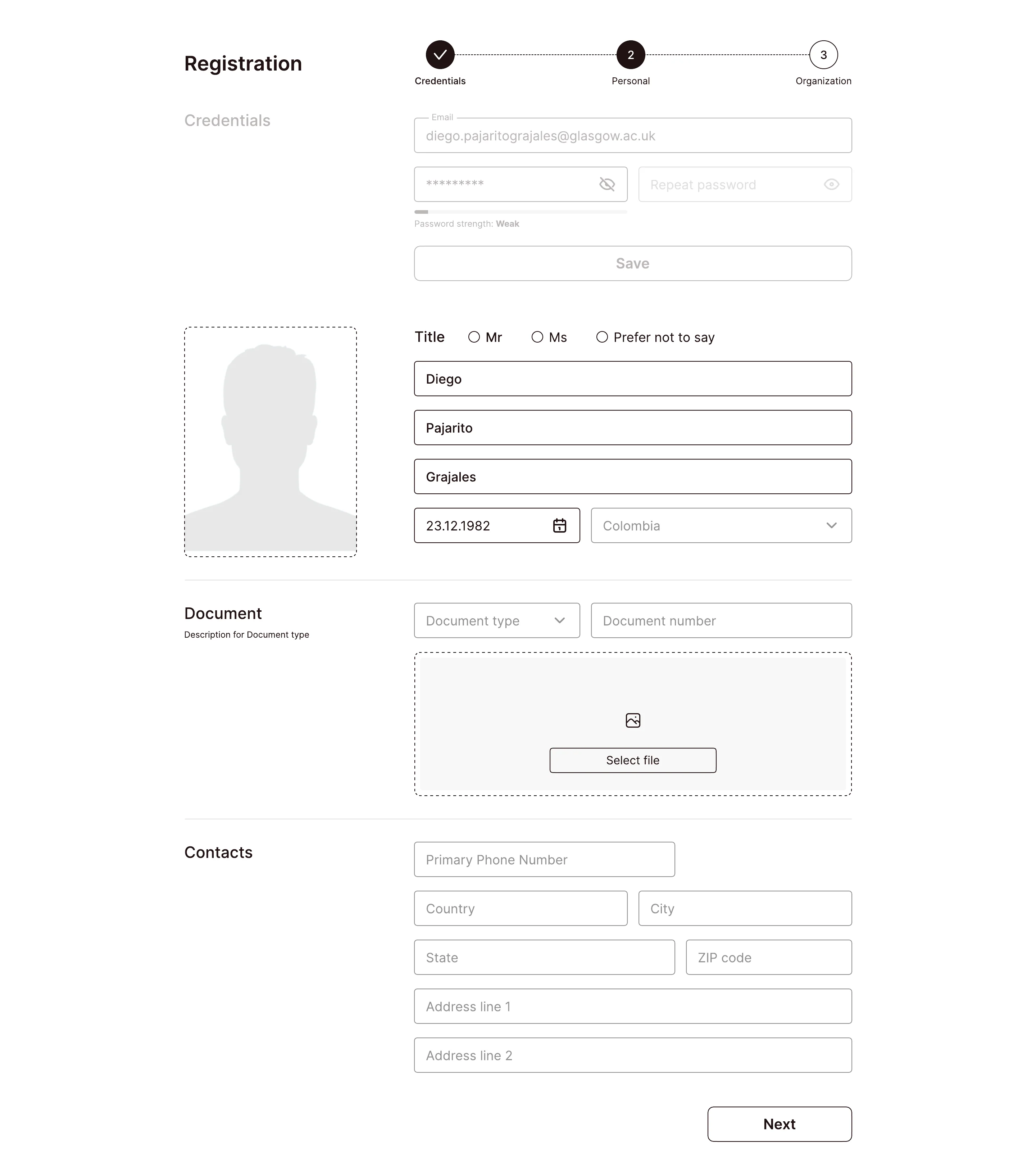 Personal registration prototype screen