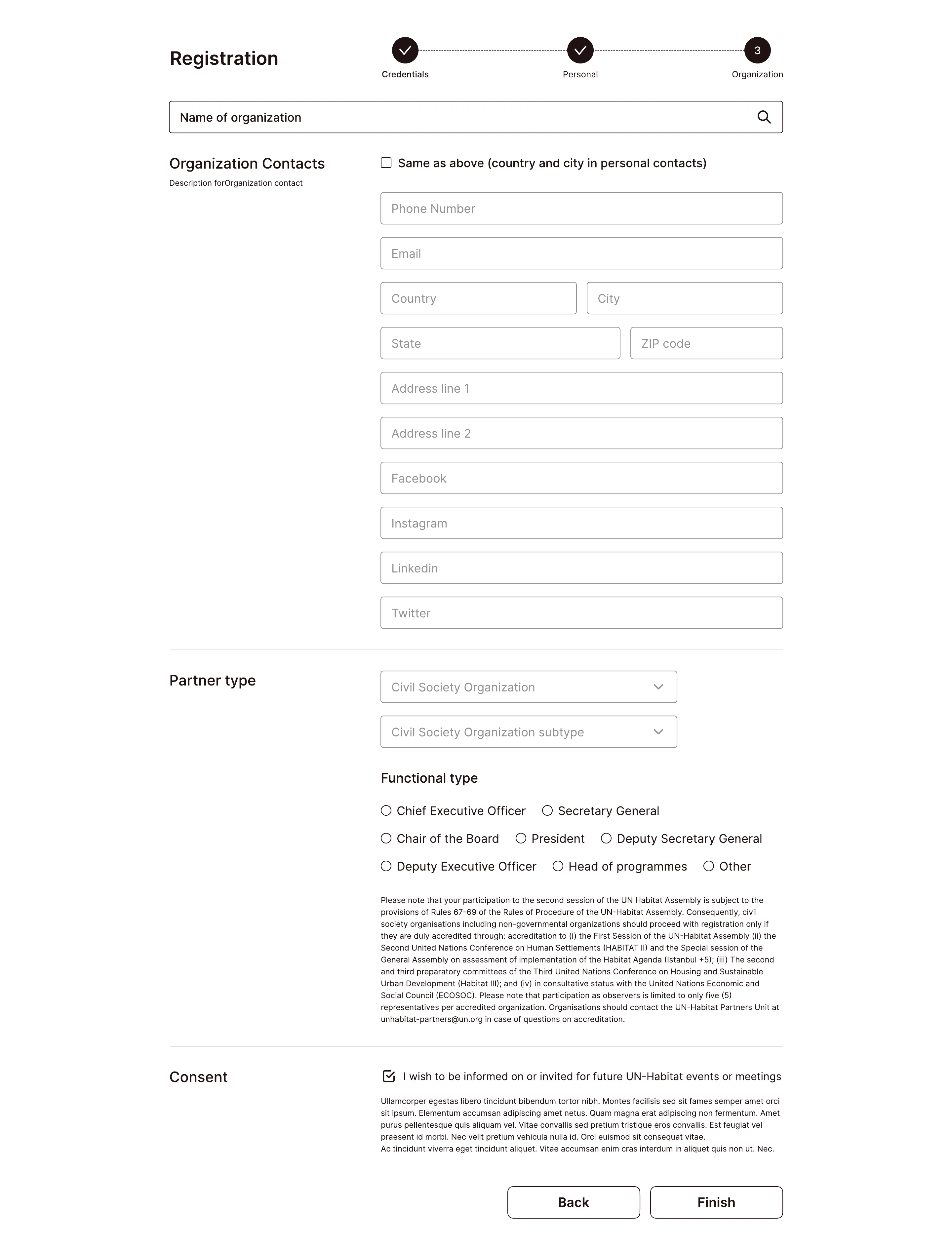 Organization registration prototype screen