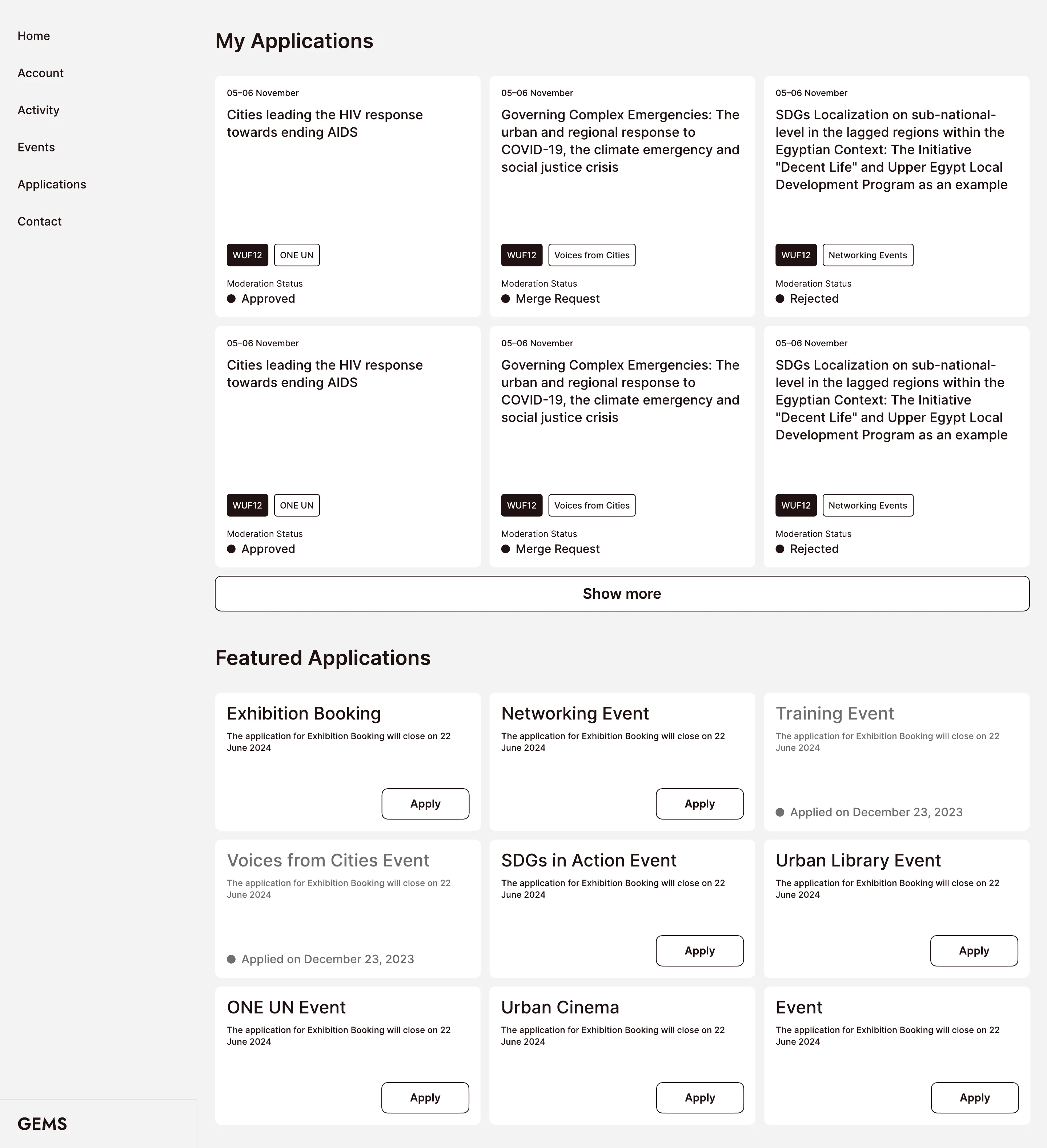 My Applications prototype screen