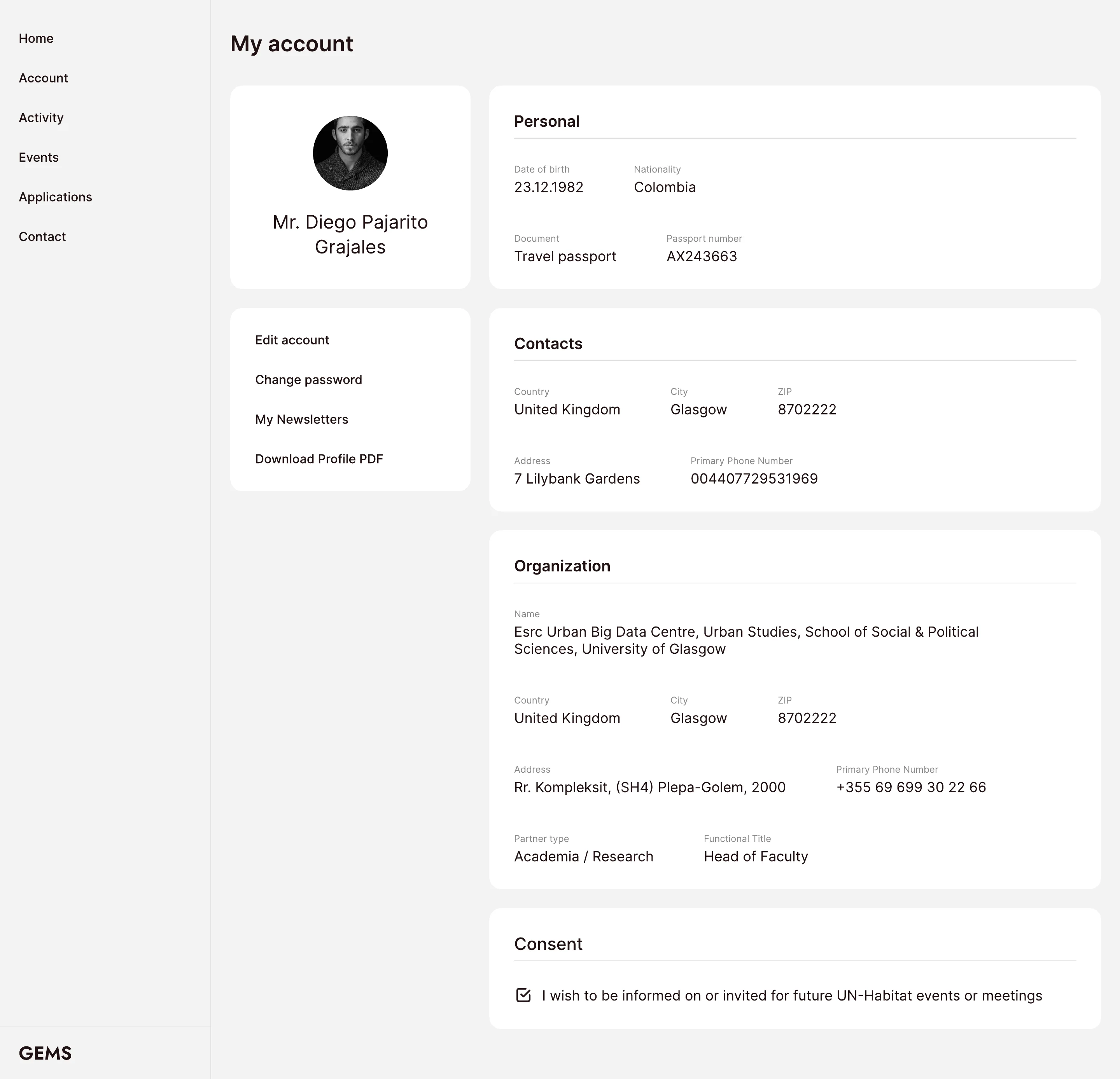 My account prototype screen