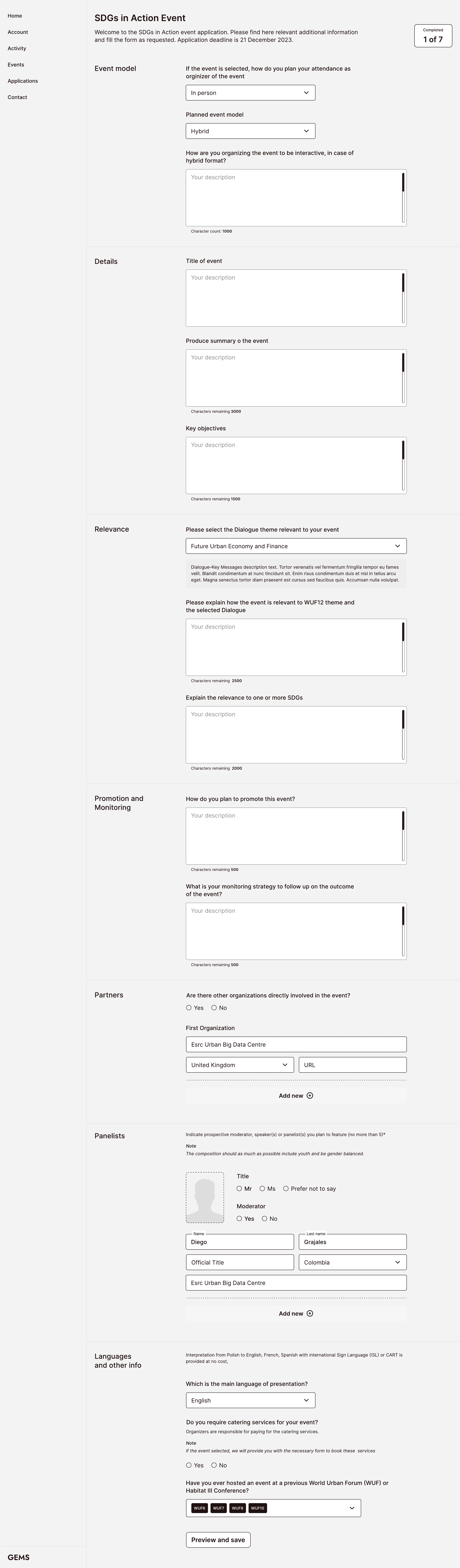 Long-form event application prototype screen
