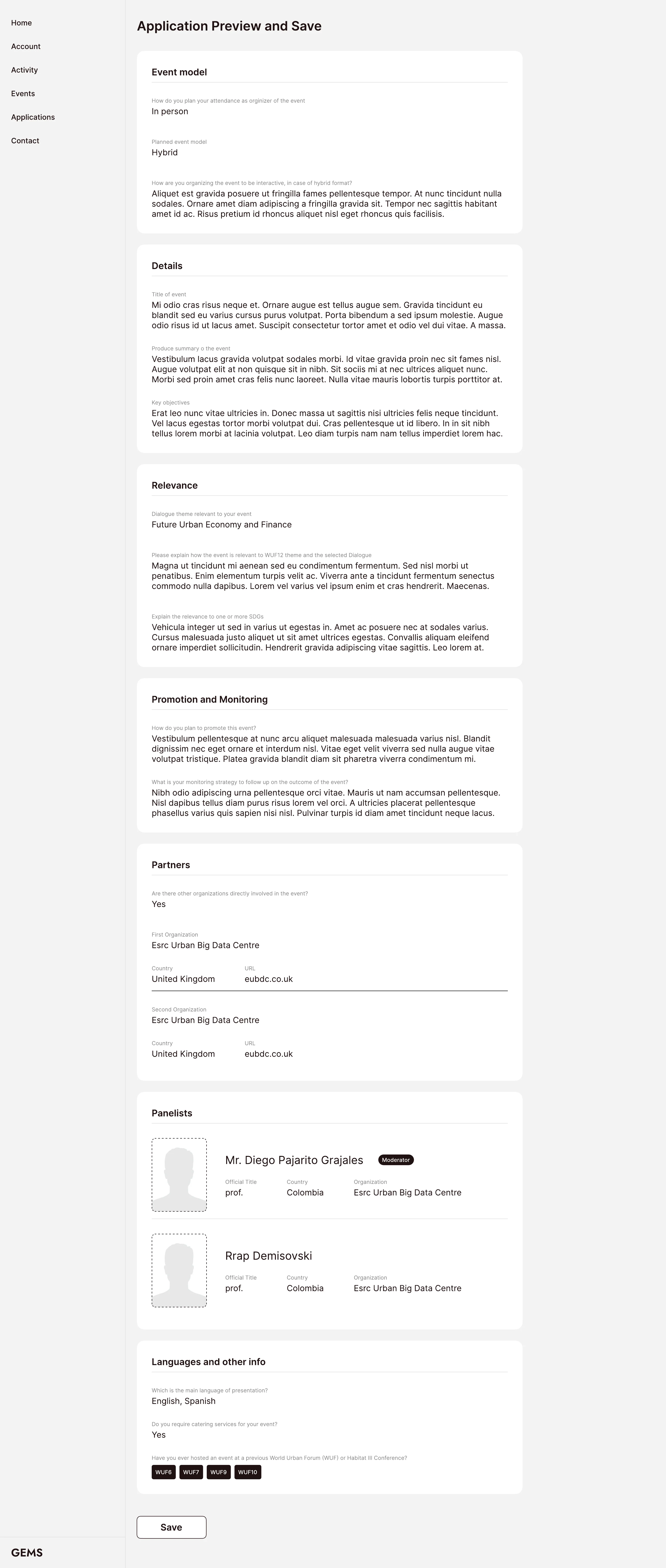 Application preview and save prototype screen
