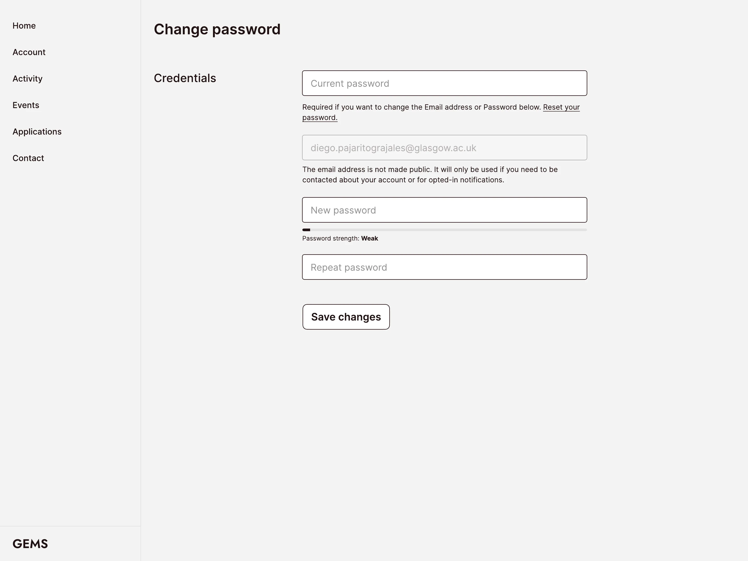 Change password prototype screen