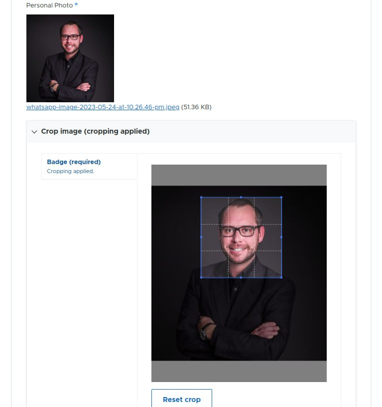 Photo cropping interface for a UNHA2 badge