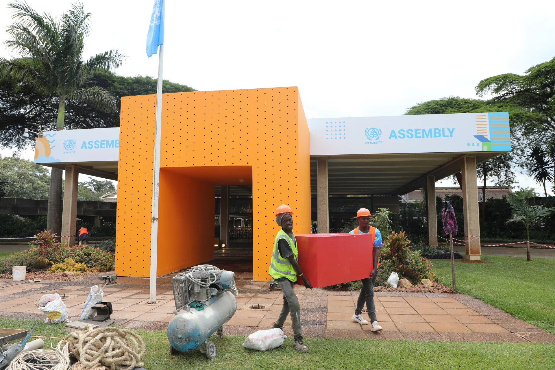 Assembly entrance installation being completed before opening