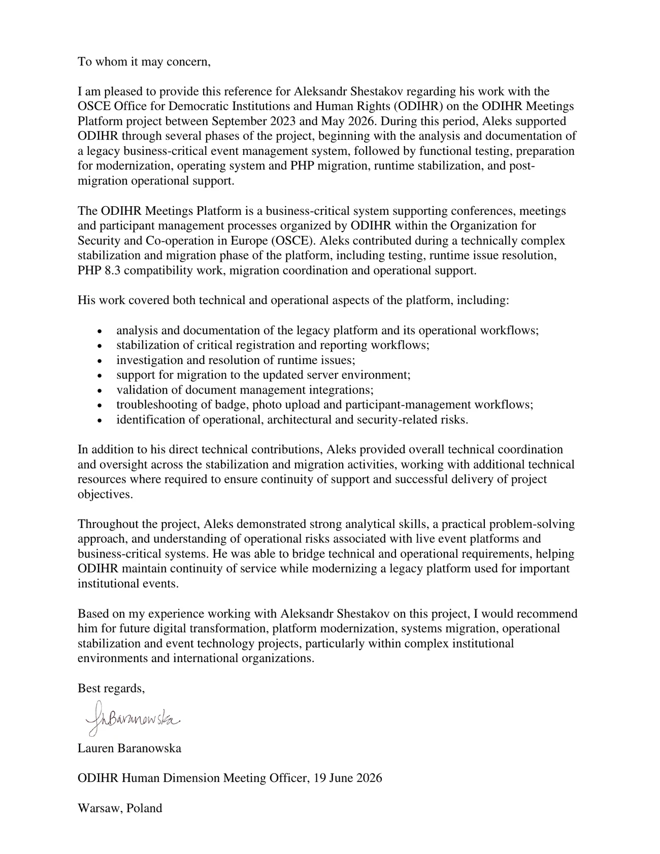 Signed reference letter from Lauren Baranowska, ODIHR, dated 19 June 2026