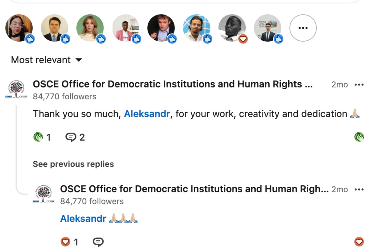 Official OSCE ODIHR LinkedIn comment thanking Aleksandr Shestakov for his work, creativity and dedication