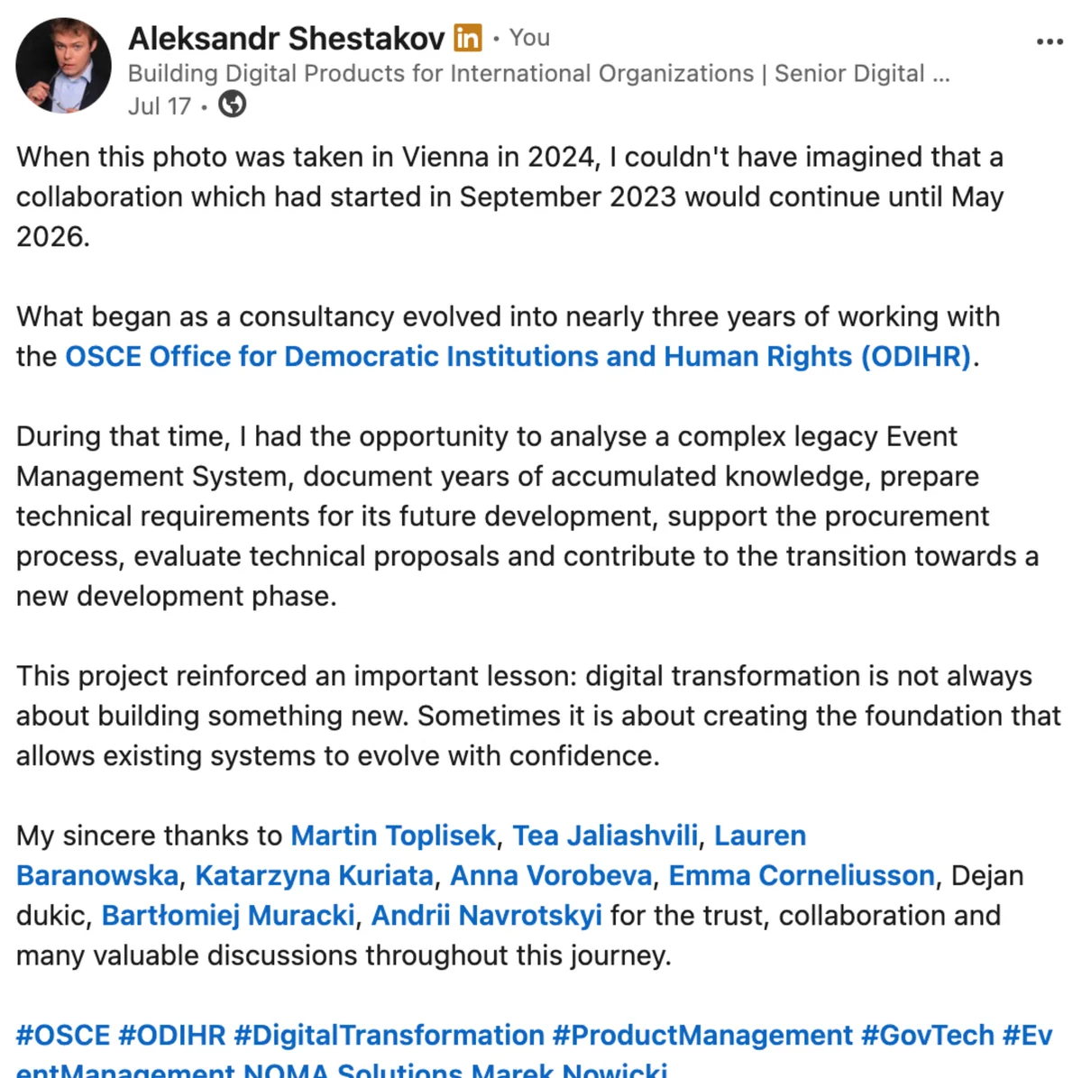 LinkedIn post by Aleksandr Shestakov reflecting on his ODIHR Meetings Platform assignment